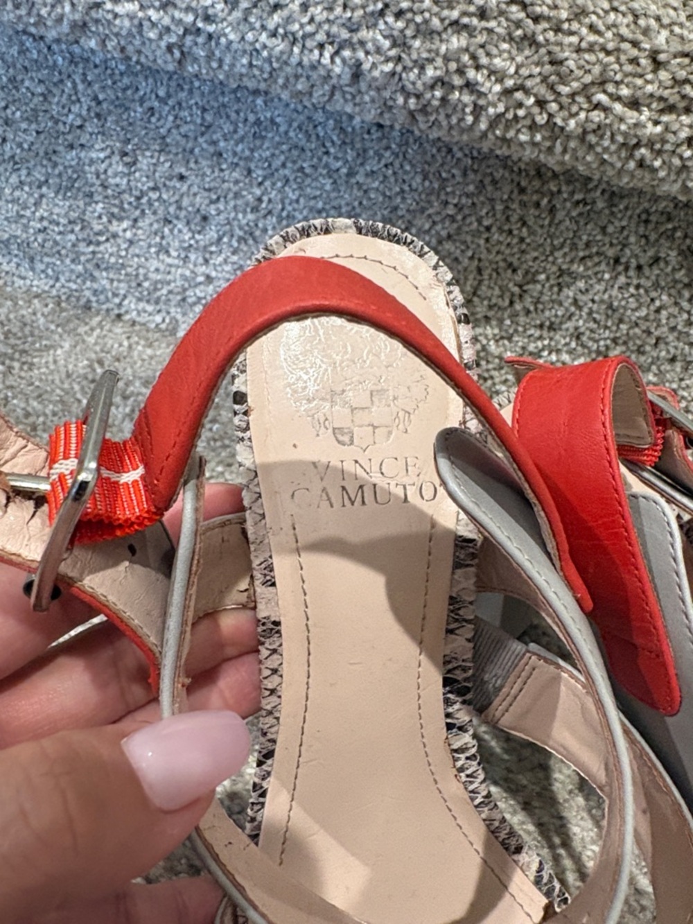Vince canuto Women's Red and Gray Strappy Sandals with Snakeskin Accent - Picture 5 of 6